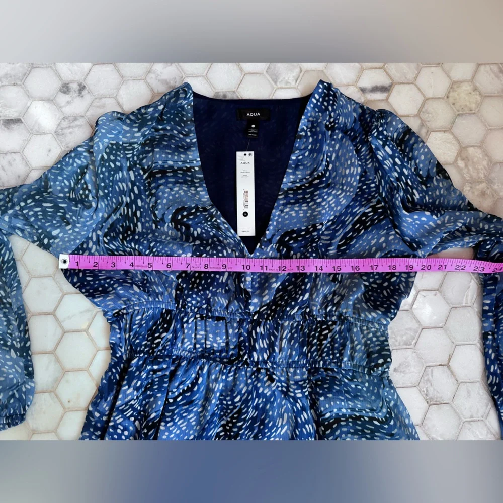 AQUA Blue Multi Print Long Sleeve Tiered Mini Dress Size M NWT - Picture 7 of 10